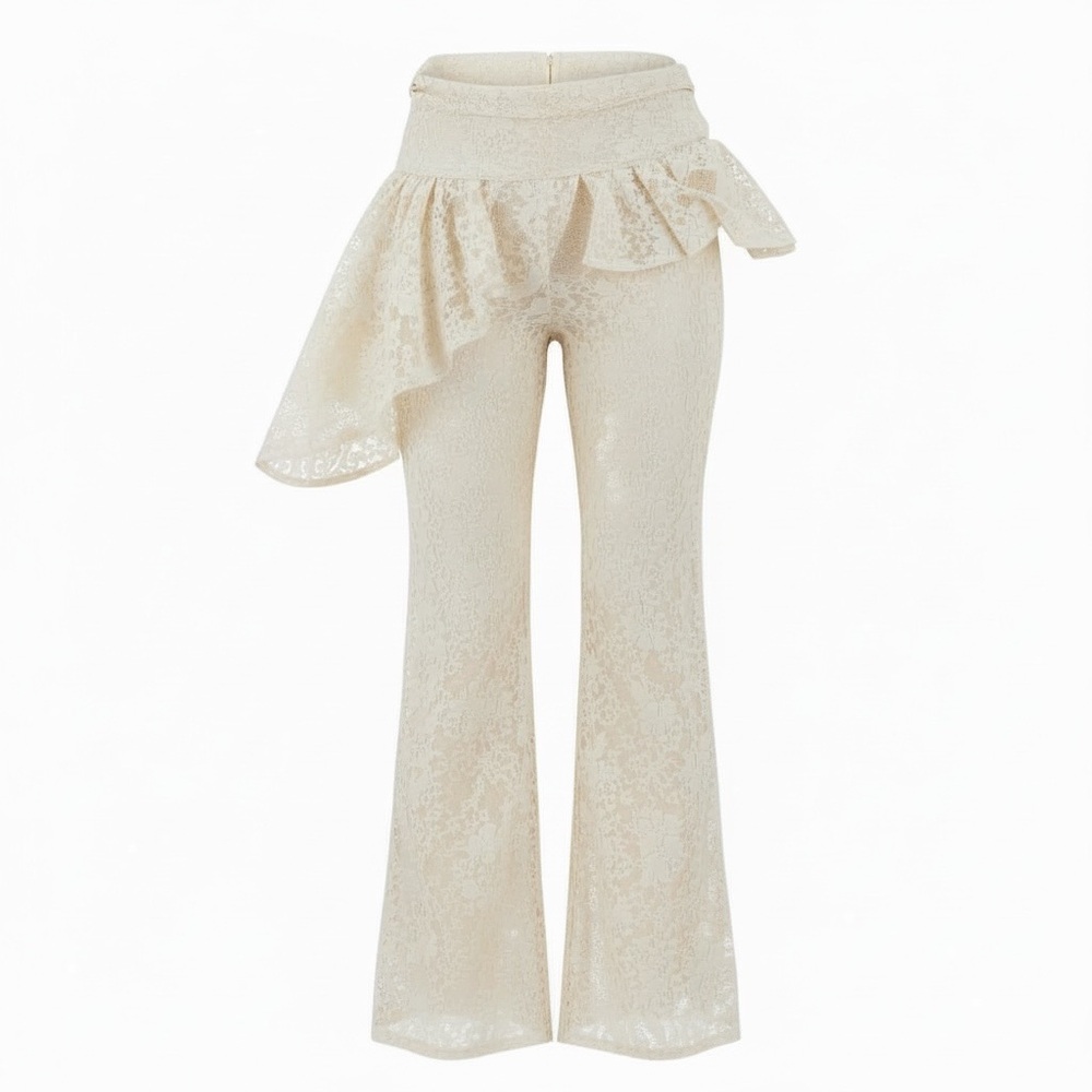 Cream Skirt Sheer Flare Pants with Ruffle Detail